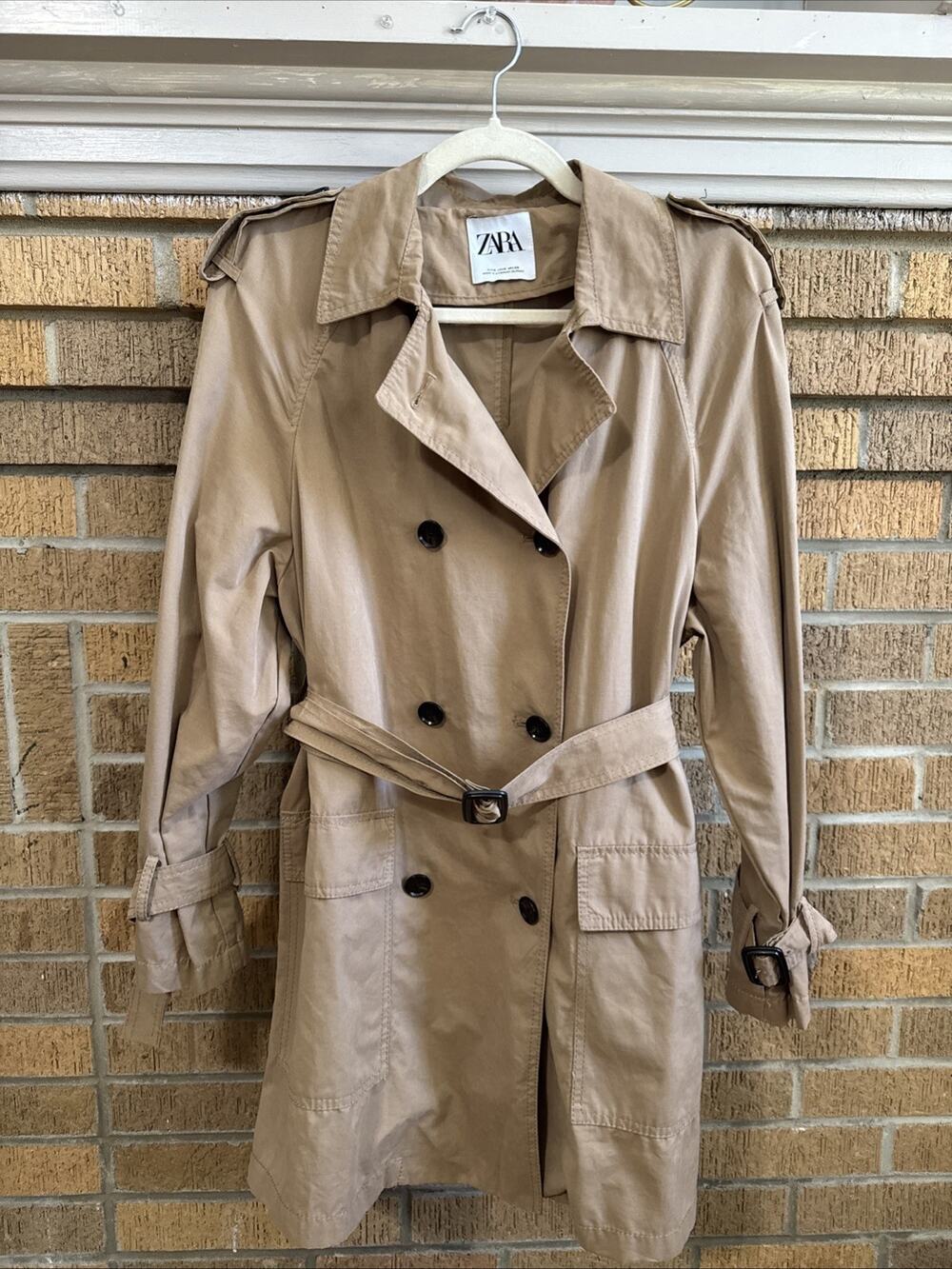 Zara Womens Belted Double Breasted Trench Jacket Tan Beige Size S Parisian Chic